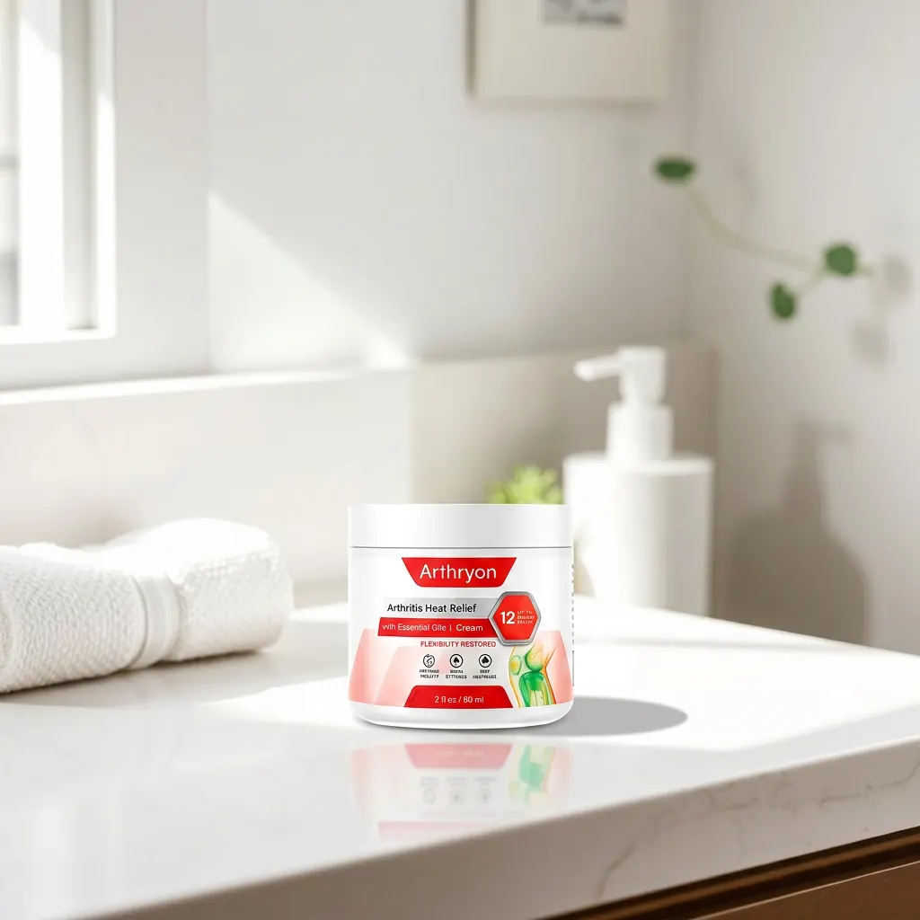 Cream jar on a bright bathroom counter next to a folded towel