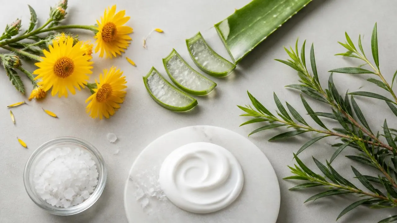 Flat lay of botanical ingredients arranged around a white cream jar