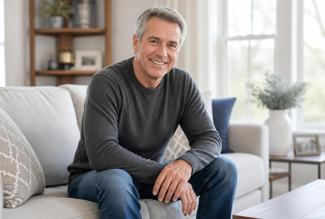 Man in his fifties sitting at home with his hand resting on his knee
